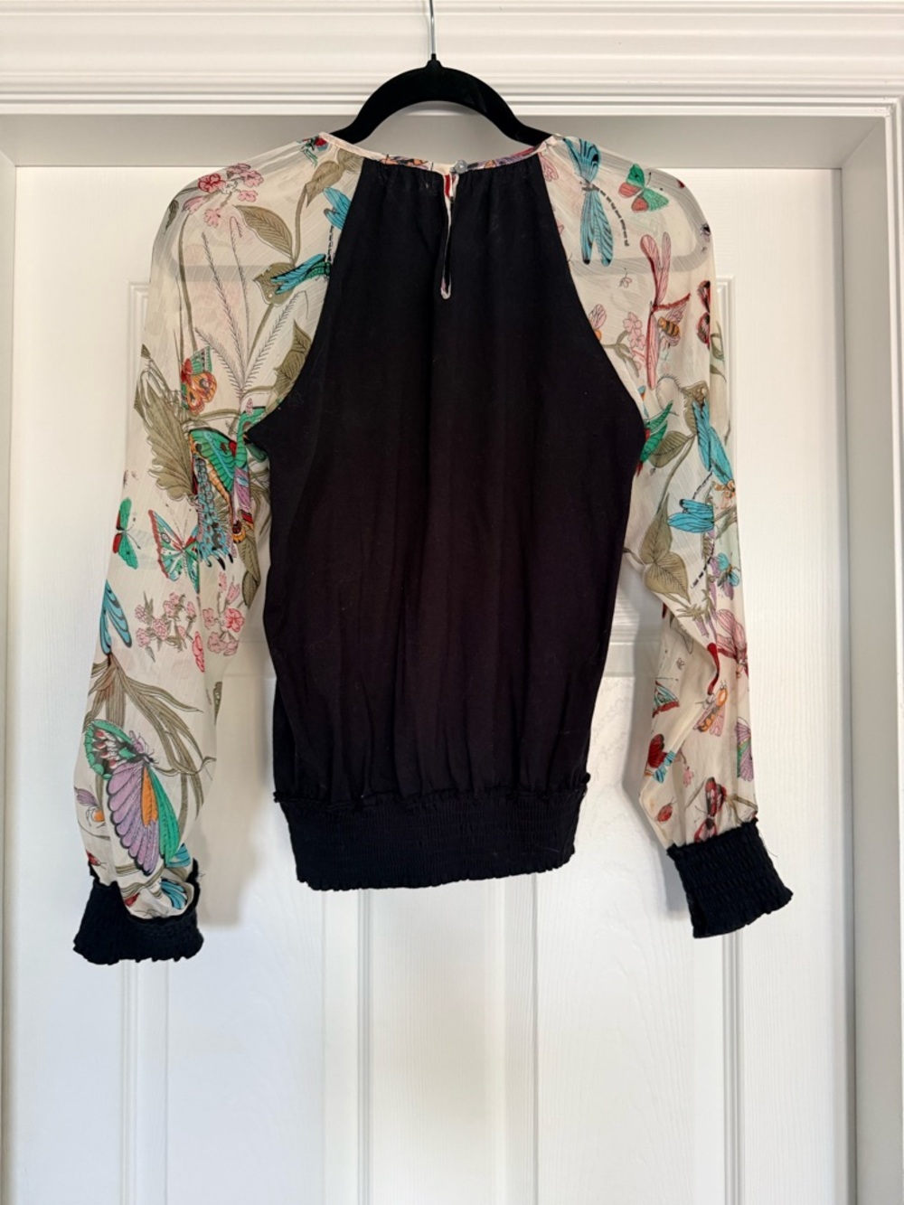 Black Blouse with Floral Butterfly Sheer Sleeves - Picture 2 of 5